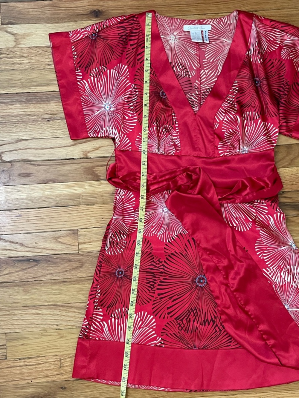 Charlotte Russe Red and White Floral Silk Kimono Mini Dress Boho Vintage Style - Picture 6 of 8